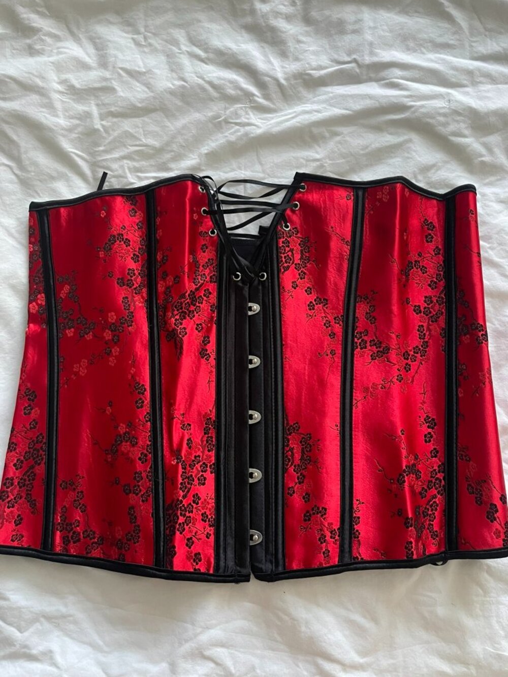 Red & Black Satin Corset – Floral Pattern – Boned & Laced